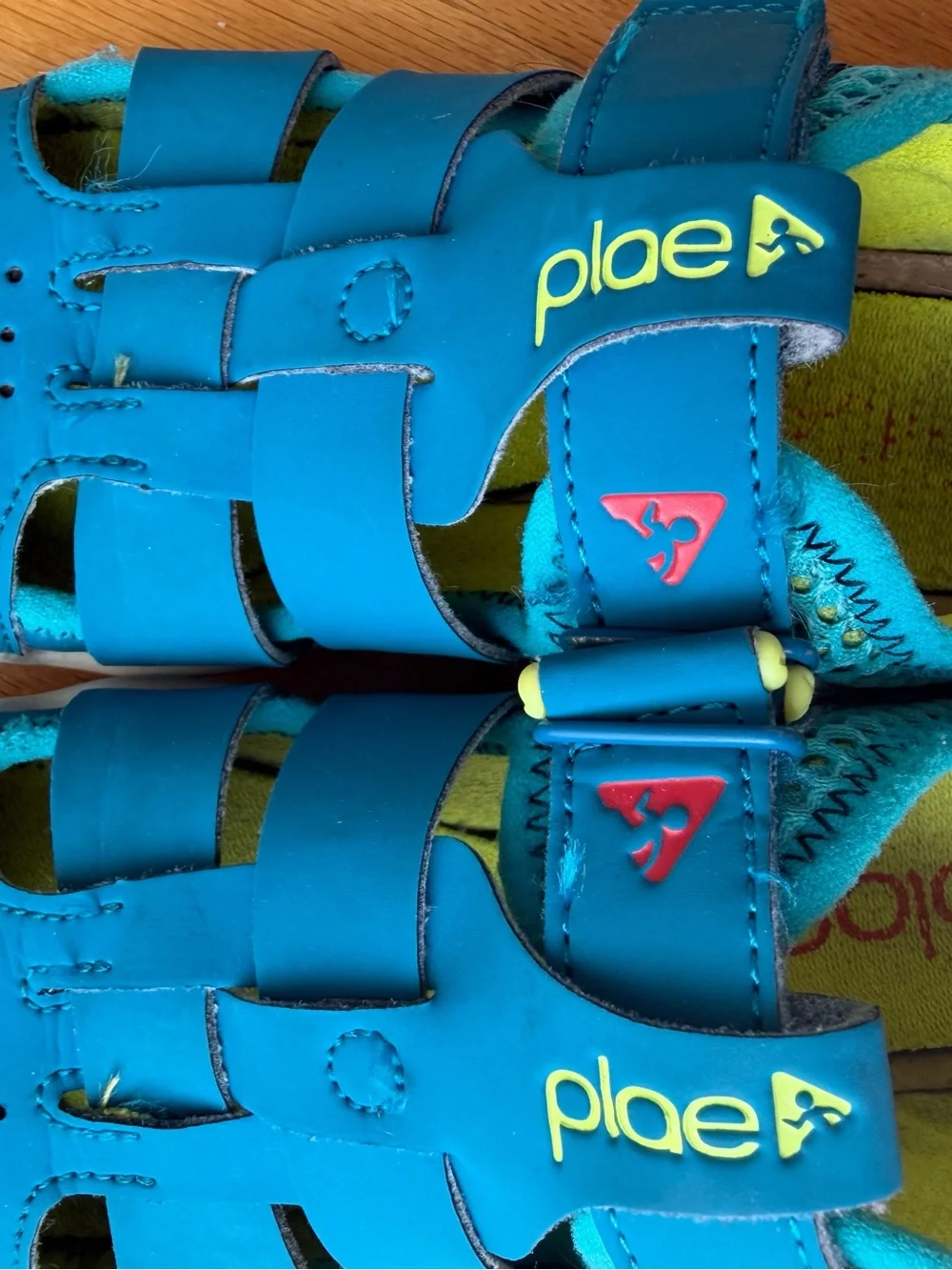 PLAE Teal Blue Kids Sport Sandals with Yellow Liner and Red Pull Tabs